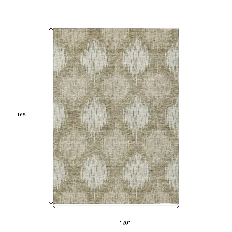10' X 14' Taupe And Beige Ikat Washable Indoor Outdoor Area Rug