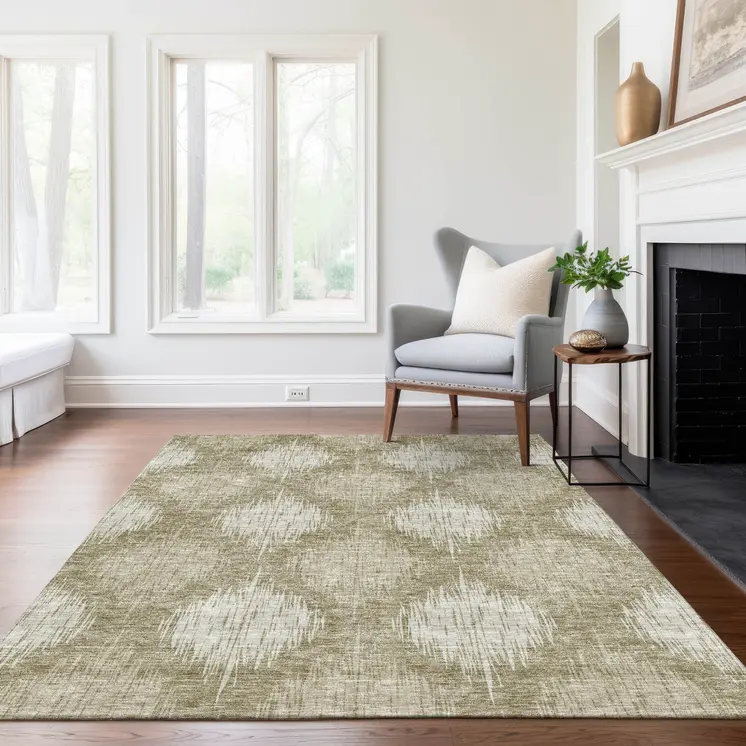 10' X 14' Taupe And Beige Ikat Washable Indoor Outdoor Area Rug