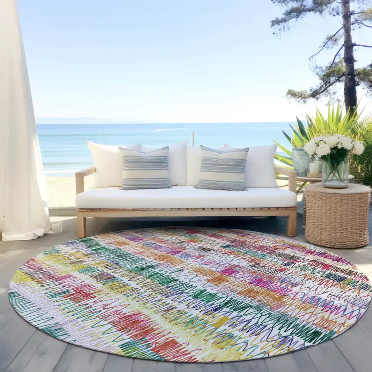 8' Green Ivory And Purple Round Striped Washable Indoor Outdoor Area Rug