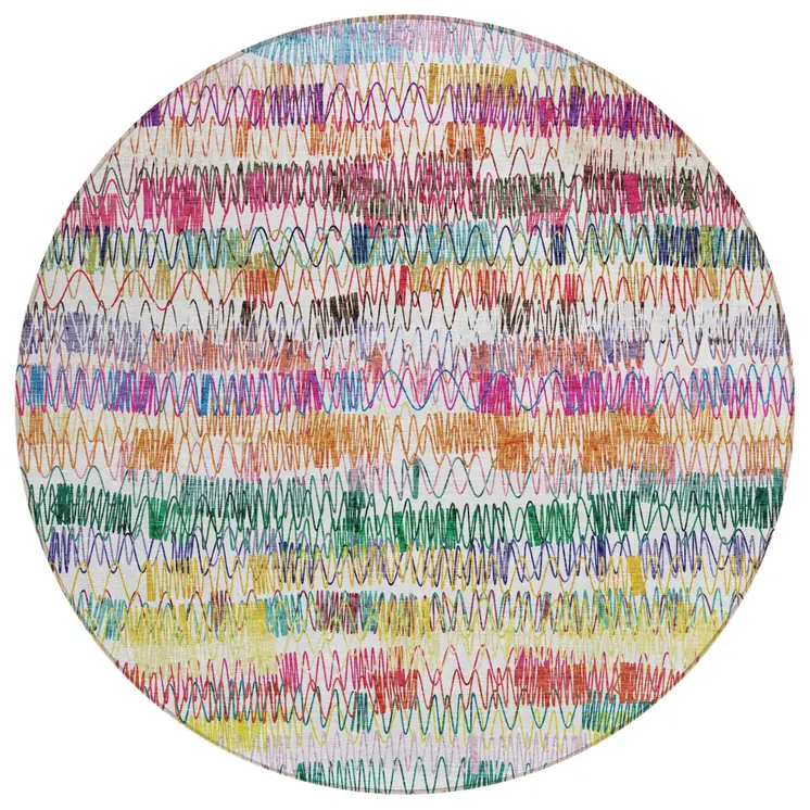 8' Green Ivory And Purple Round Striped Washable Indoor Outdoor Area Rug