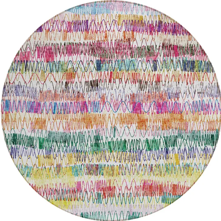 8' Green Ivory And Purple Round Striped Washable Indoor Outdoor Area Rug