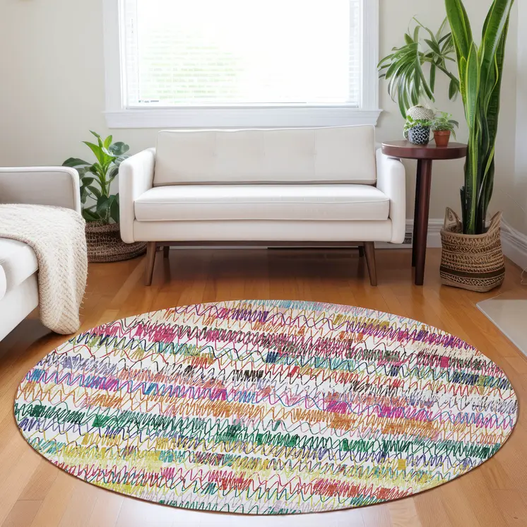 8' Green Ivory And Purple Round Striped Washable Indoor Outdoor Area Rug