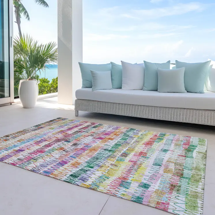 8' X 10' Green Ivory And Purple Striped Washable Indoor Outdoor Area Rug