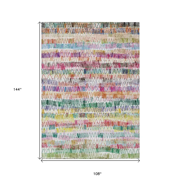 9' X 12' Green Ivory And Purple Striped Washable Indoor Outdoor Area Rug