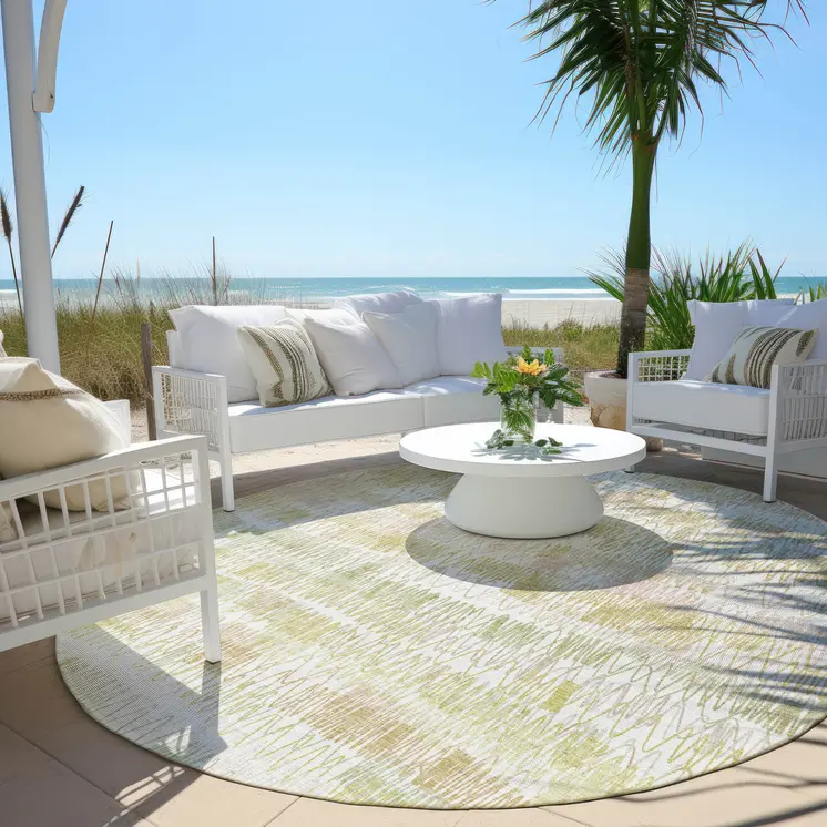 8' Gold Beige And Tan Round Striped Washable Indoor Outdoor Area Rug