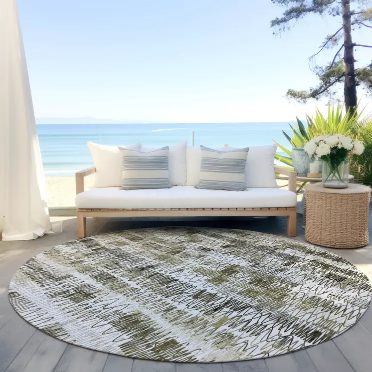 8' Taupe Beige And Tan Round Striped Washable Indoor Outdoor Area Rug