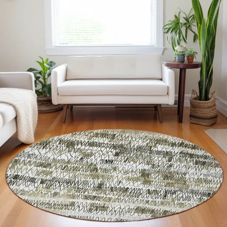 8' Taupe Beige And Tan Round Striped Washable Indoor Outdoor Area Rug