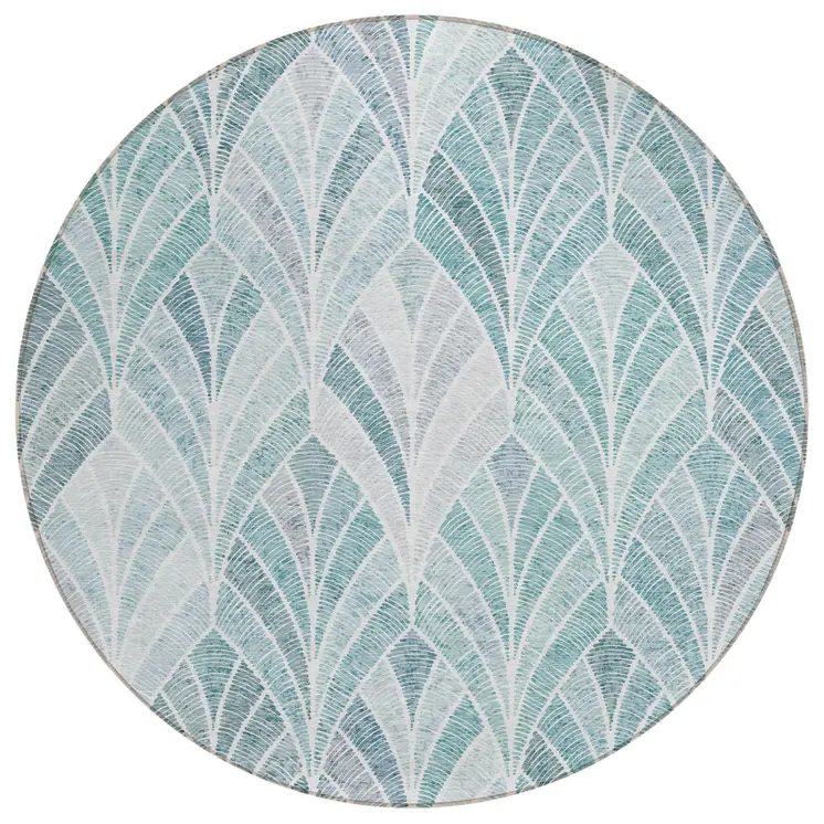 8' Aqua Mint Green And Silver Round Geometric Washable Indoor Outdoor Area Rug