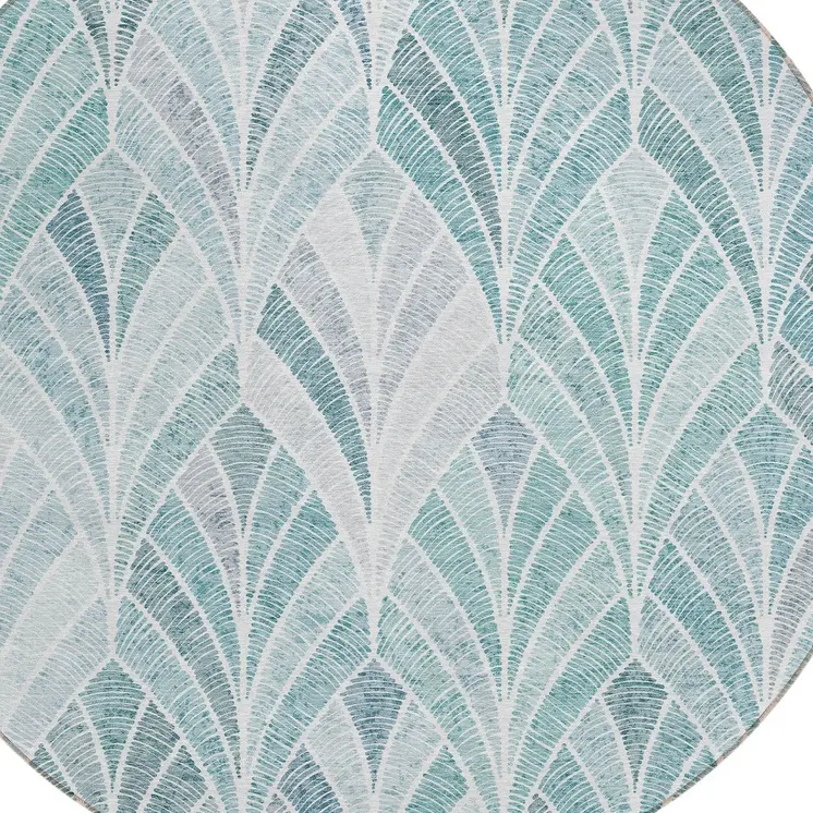 8' Aqua Mint Green And Silver Round Geometric Washable Indoor Outdoor Area Rug
