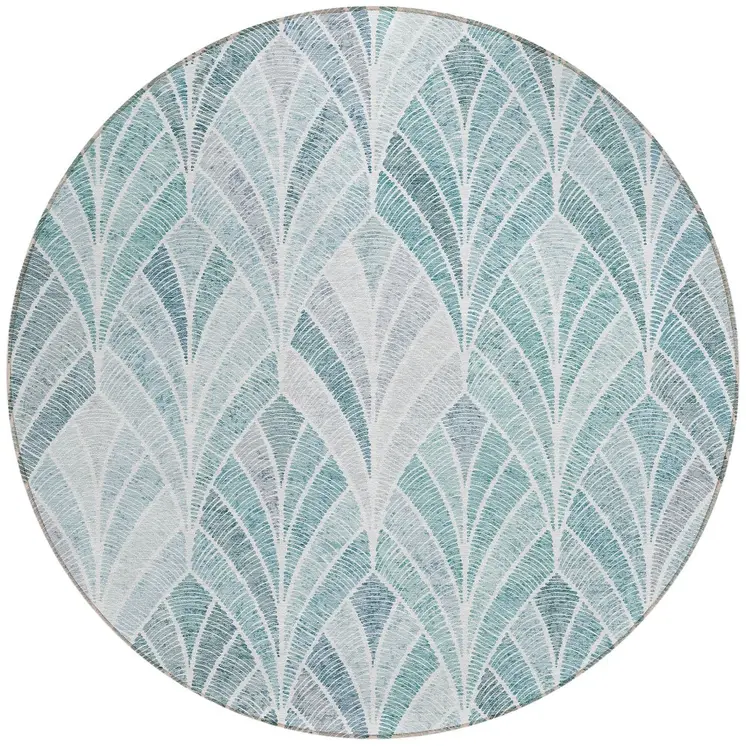 8' Aqua Mint Green And Silver Round Geometric Washable Indoor Outdoor Area Rug