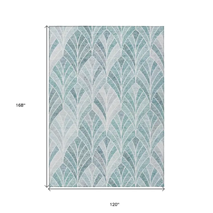 10' X 14' Aqua Mint Green And Silver Geometric Washable Indoor Outdoor Area Rug