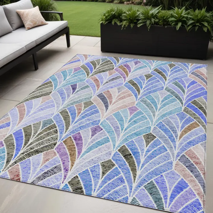 5' X 8' Blue Brown And Purple Geometric Washable Indoor Outdoor Area Rug