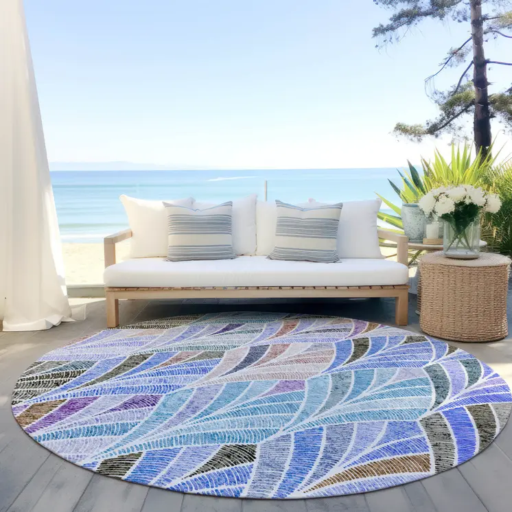 8' Blue Brown And Purple Round Geometric Washable Indoor Outdoor Area Rug