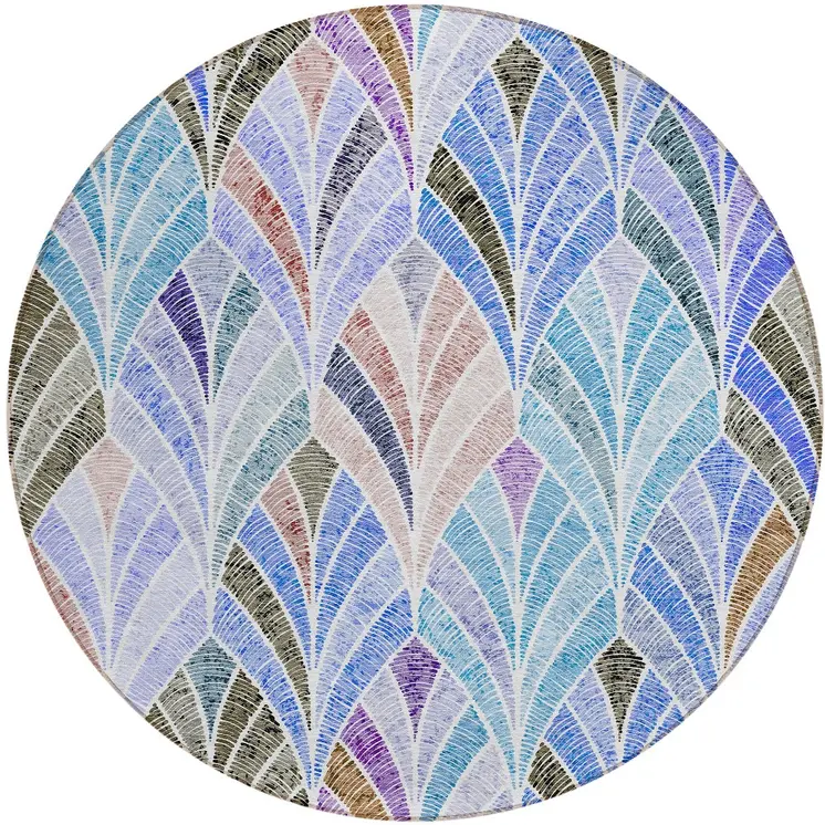 8' Blue Brown And Purple Round Geometric Washable Indoor Outdoor Area Rug