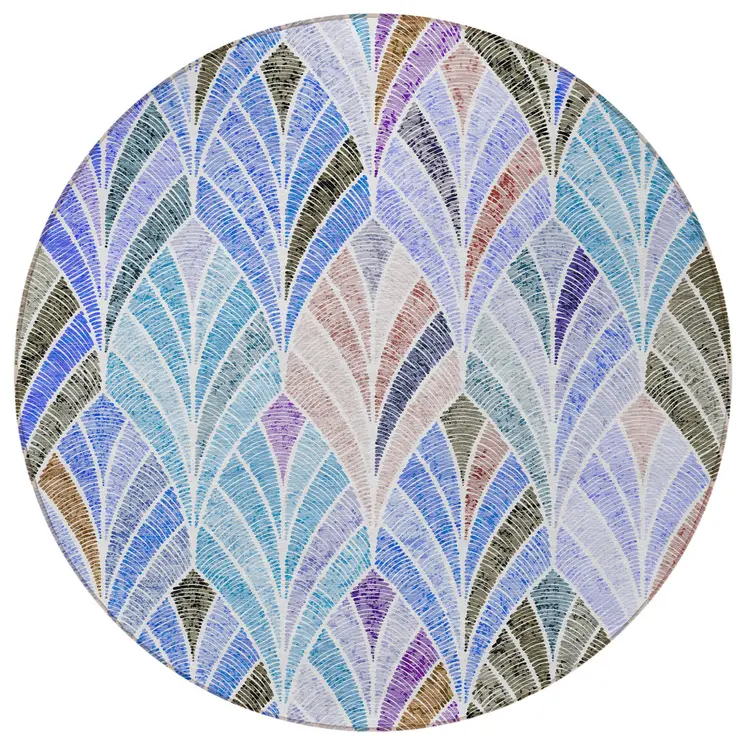 8' Blue Brown And Purple Round Geometric Washable Indoor Outdoor Area Rug