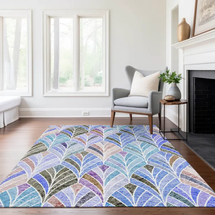9' X 12' Blue Brown And Purple Geometric Washable Indoor Outdoor Area Rug