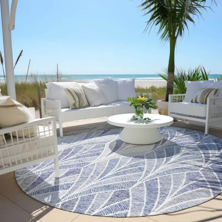 8' Denim Blue And Sky Blue Round Geometric Washable Indoor Outdoor Area Rug