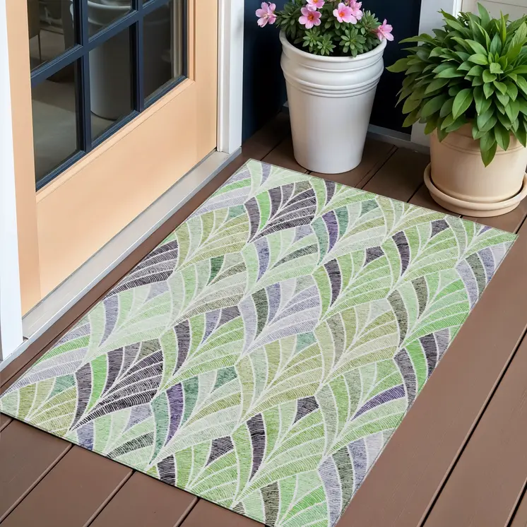 3' X 5' Artichoke Green And Mint Green Geometric Washable Indoor Outdoor Area Rug