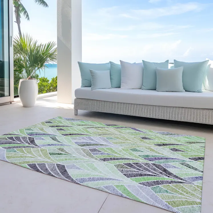 5' X 8' Artichoke Green And Mint Green Geometric Washable Indoor Outdoor Area Rug