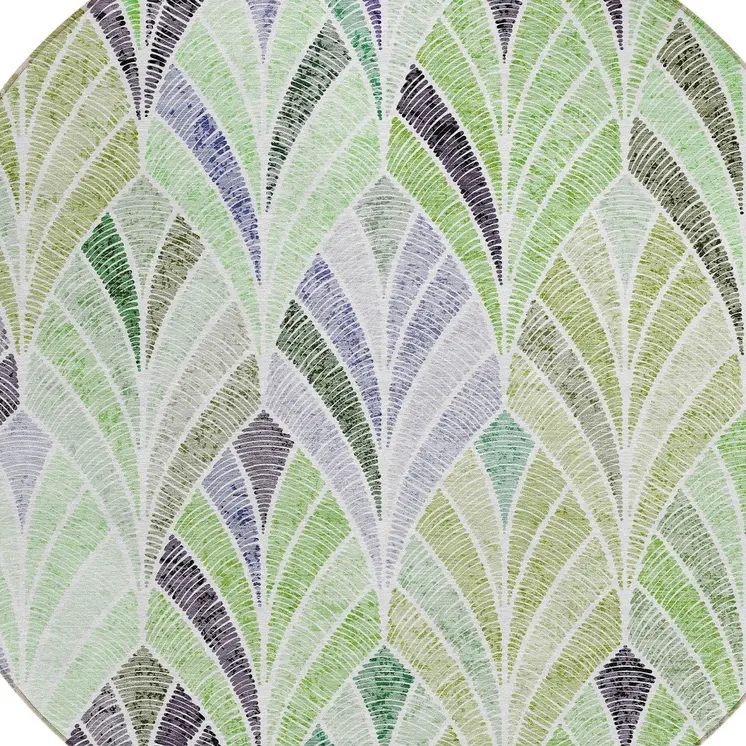 8' Artichoke Green And Mint Green Round Geometric Washable Indoor Outdoor Area Rug