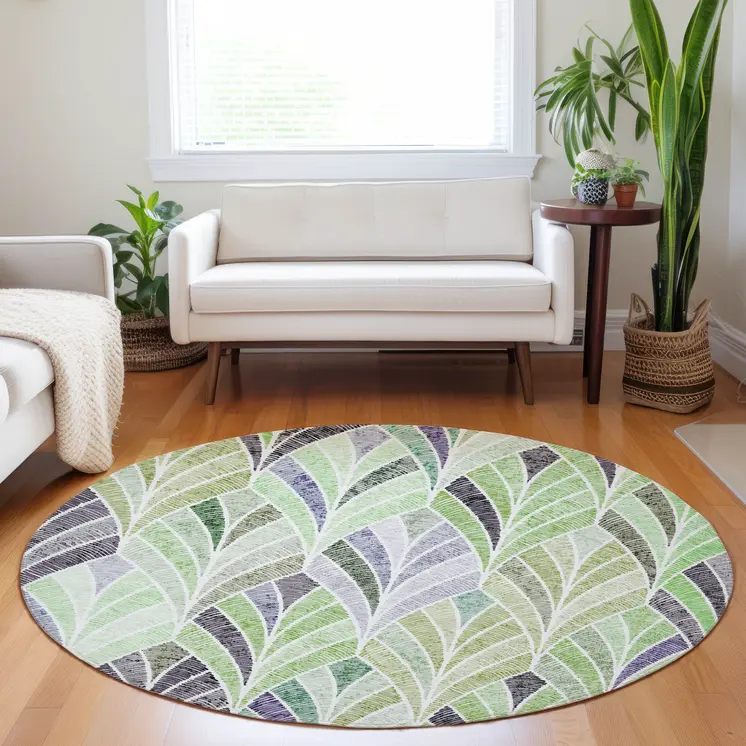 8' Artichoke Green And Mint Green Round Geometric Washable Indoor Outdoor Area Rug