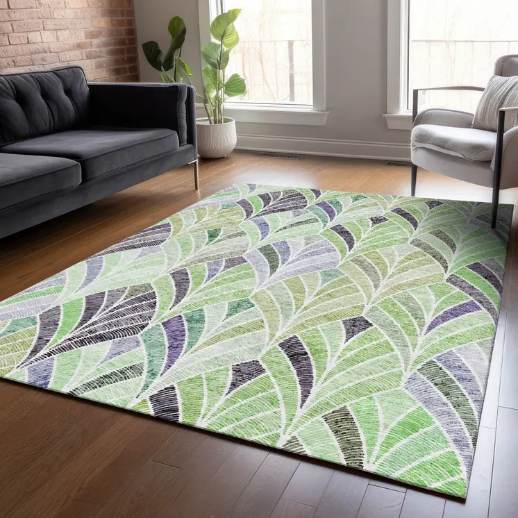 9' X 12' Artichoke Green And Mint Green Geometric Washable Indoor Outdoor Area Rug