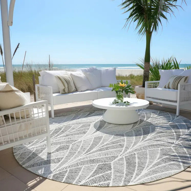 8' Gray Charcoal And Ivory Round Geometric Washable Indoor Outdoor Area Rug