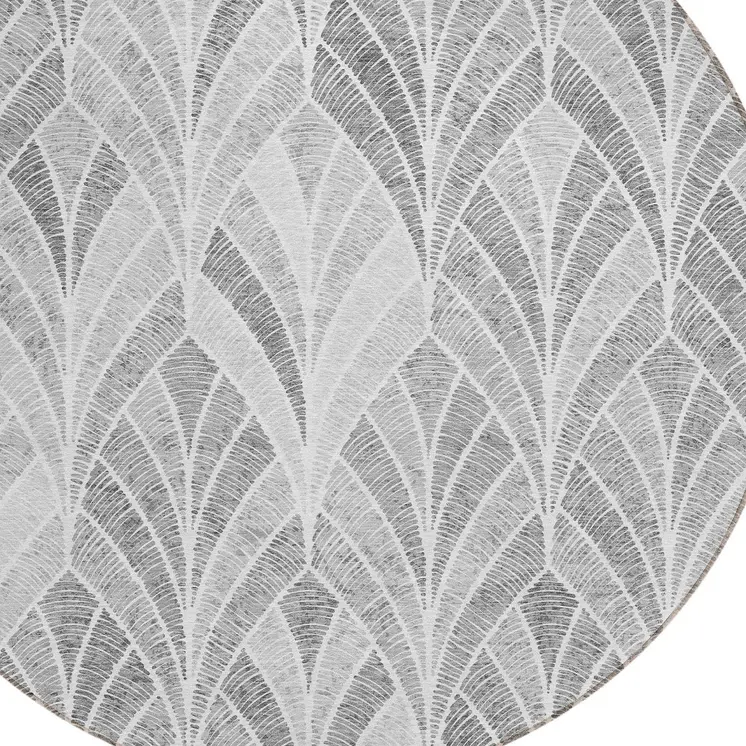 8' Gray Charcoal And Ivory Round Geometric Washable Indoor Outdoor Area Rug