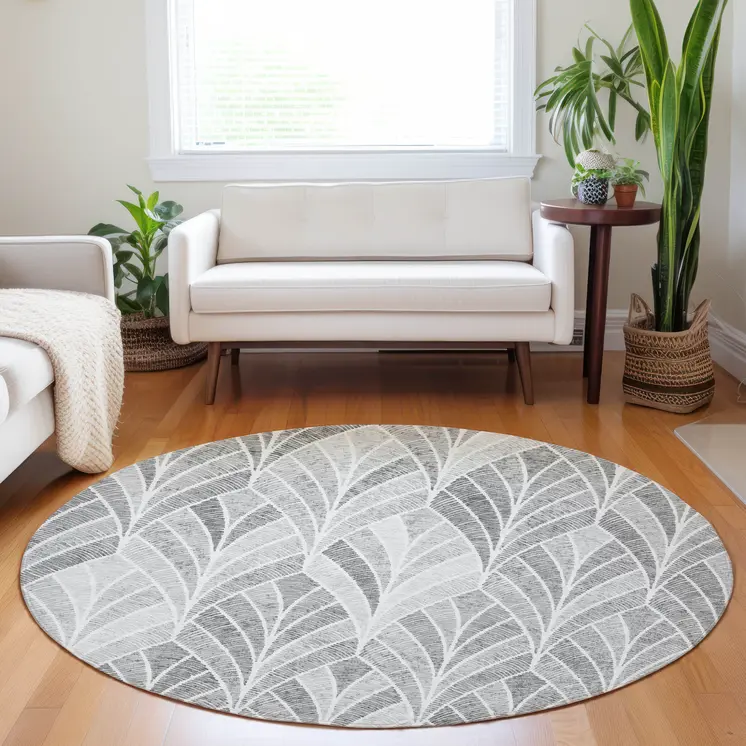 8' Gray Charcoal And Ivory Round Geometric Washable Indoor Outdoor Area Rug