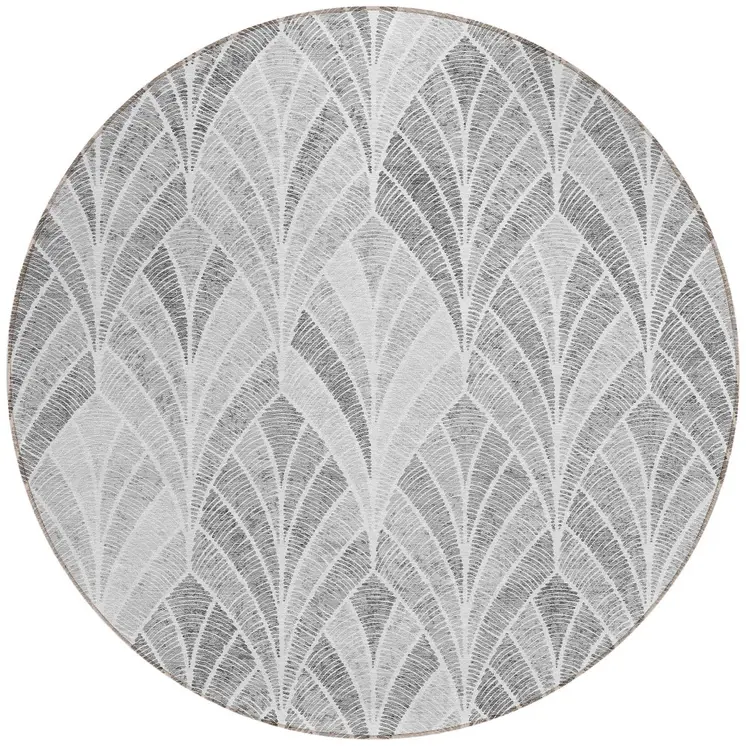 8' Gray Charcoal And Ivory Round Geometric Washable Indoor Outdoor Area Rug