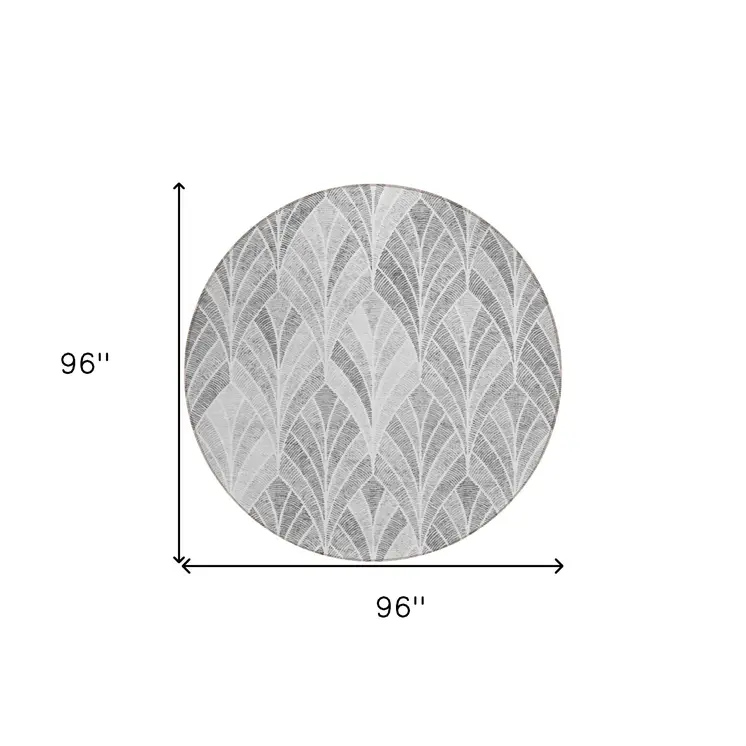 8' Gray Charcoal And Ivory Round Geometric Washable Indoor Outdoor Area Rug