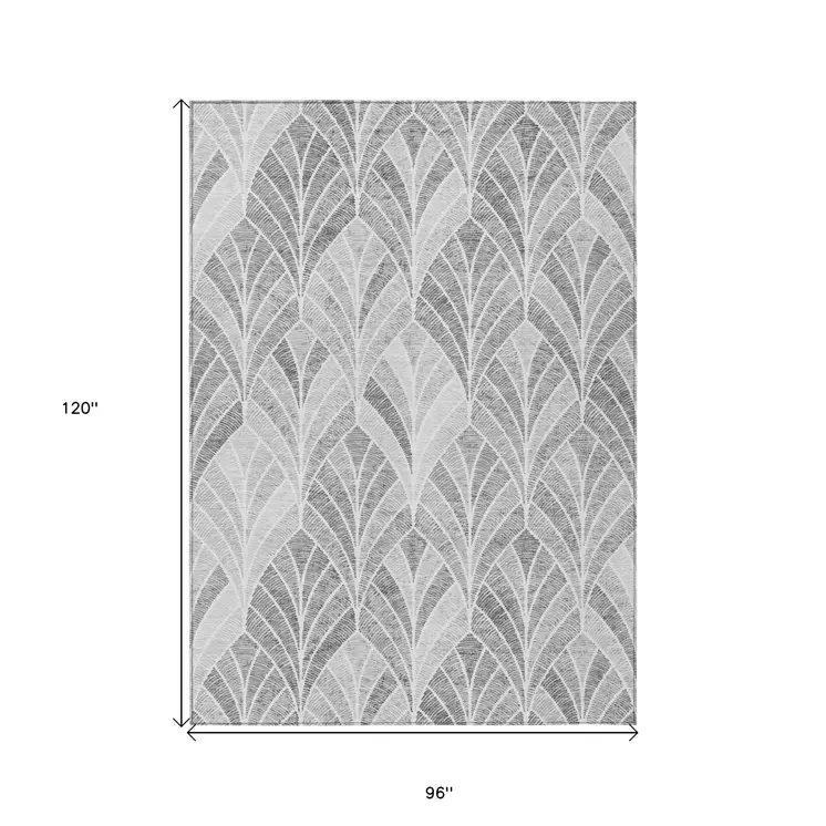 8' X 10' Gray Charcoal And Ivory Geometric Washable Indoor Outdoor Area Rug