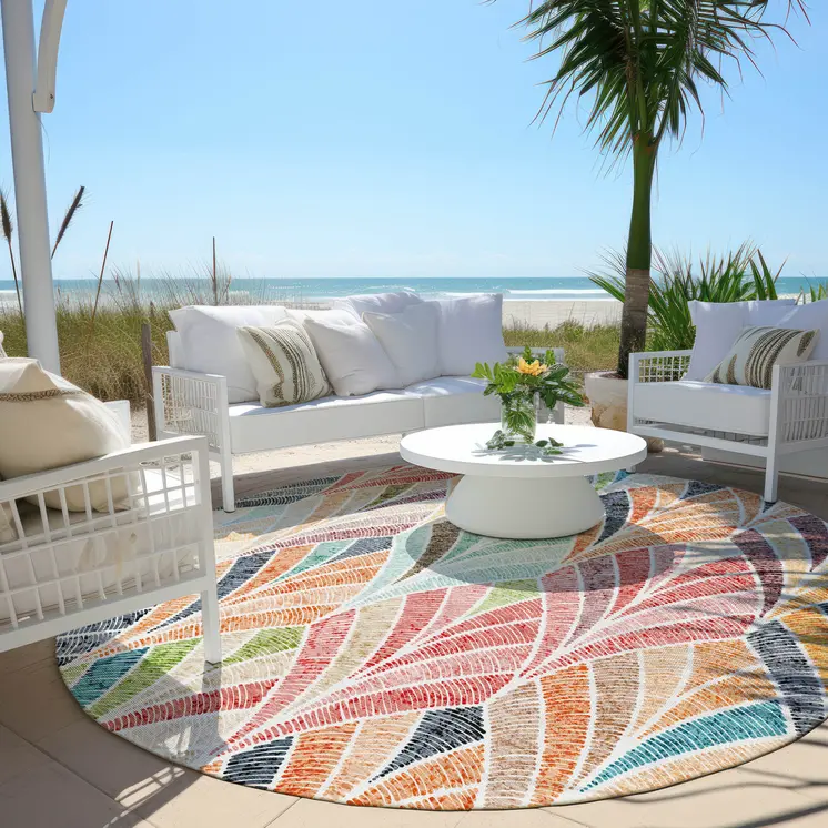 8' Orange Copper And Gold Round Geometric Washable Indoor Outdoor Area Rug