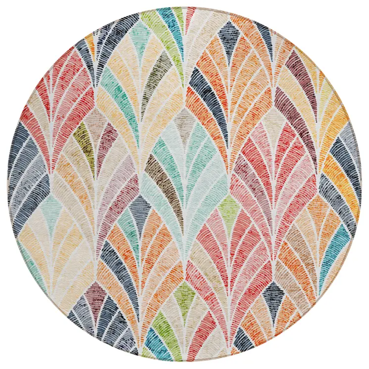 8' Orange Copper And Gold Round Geometric Washable Indoor Outdoor Area Rug