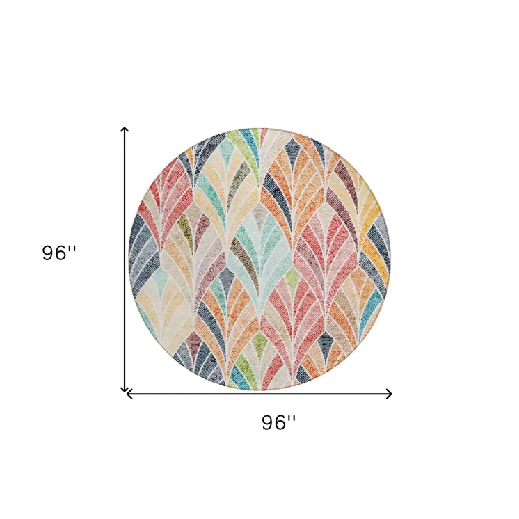 8' Orange Copper And Gold Round Geometric Washable Indoor Outdoor Area Rug