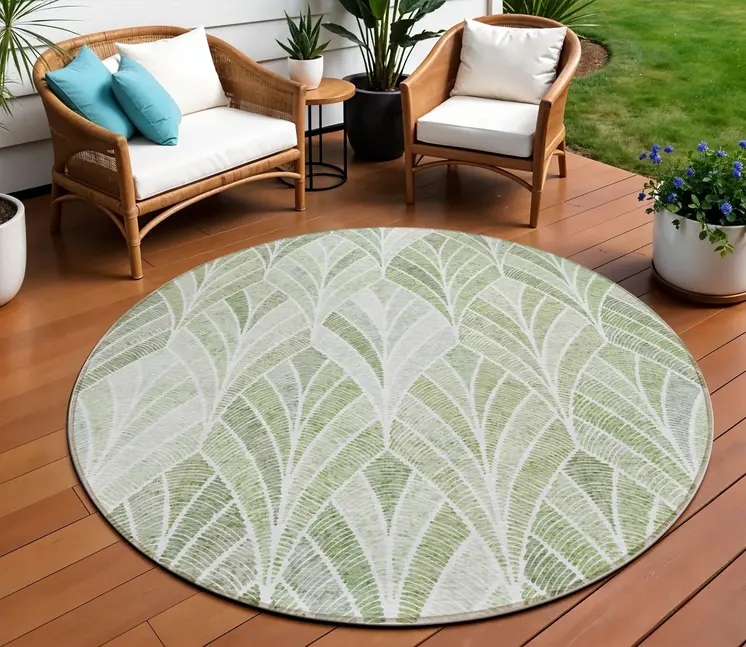 8' Sage Artichoke Green And Mint Green Round Geometric Washable Indoor Outdoor Area Rug