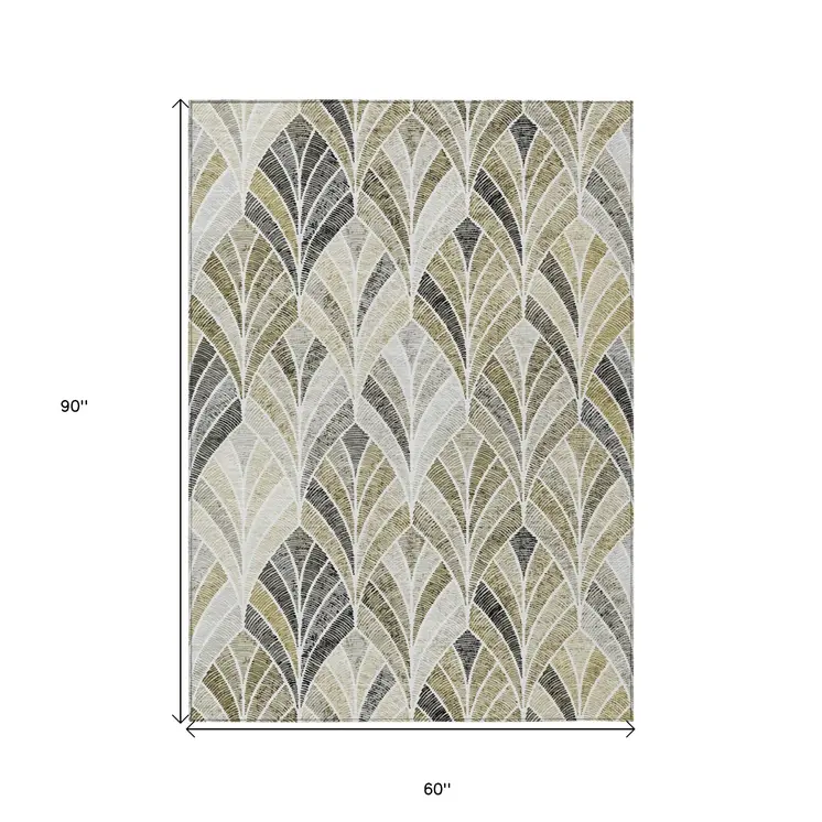 5' X 8' Taupe Ivory And Brown Geometric Washable Indoor Outdoor Area Rug