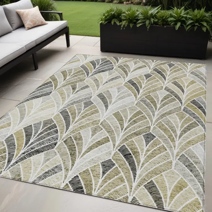 5' X 8' Taupe Ivory And Brown Geometric Washable Indoor Outdoor Area Rug