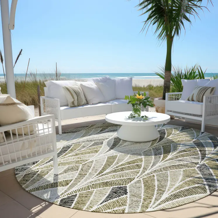 8' Taupe Ivory And Brown Round Geometric Washable Indoor Outdoor Area Rug