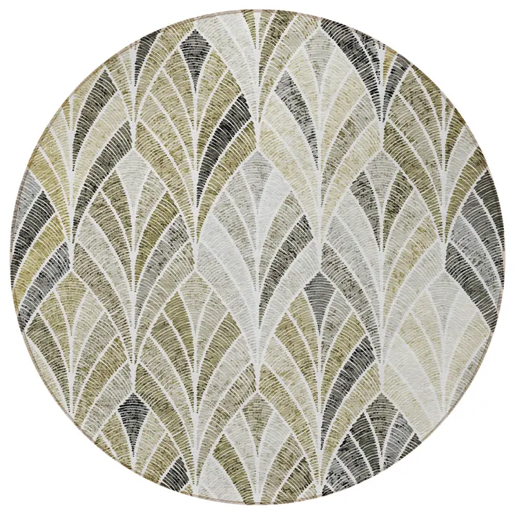 8' Taupe Ivory And Brown Round Geometric Washable Indoor Outdoor Area Rug