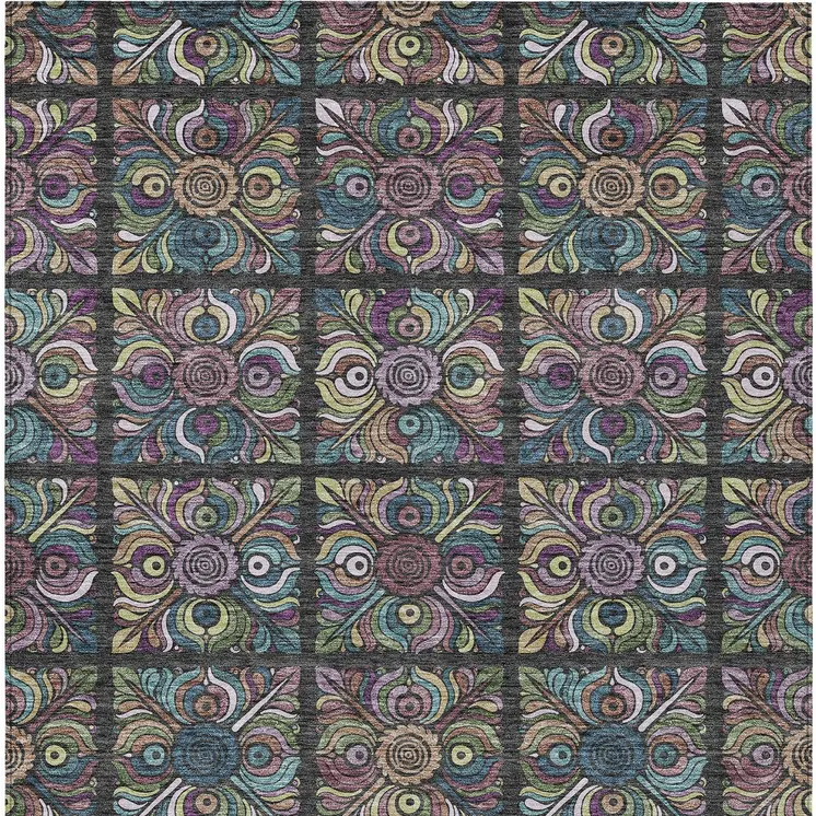 3' X 5' Black Purple And Teal Blue Medallion Washable Indoor Outdoor Area Rug