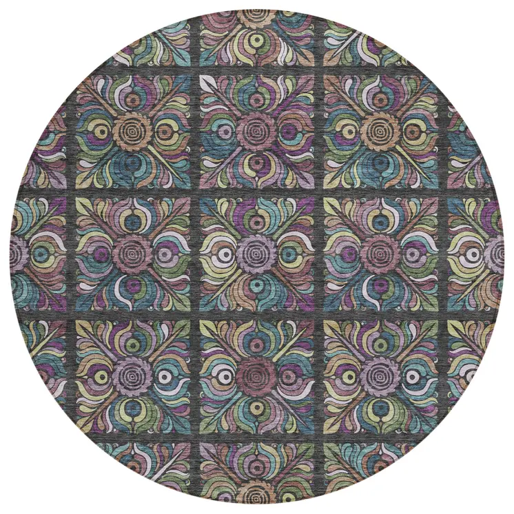 8' Black Purple And Teal Blue Round Medallion Washable Indoor Outdoor Area Rug