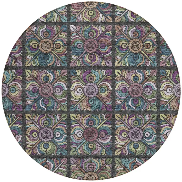8' Black Purple And Teal Blue Round Medallion Washable Indoor Outdoor Area Rug