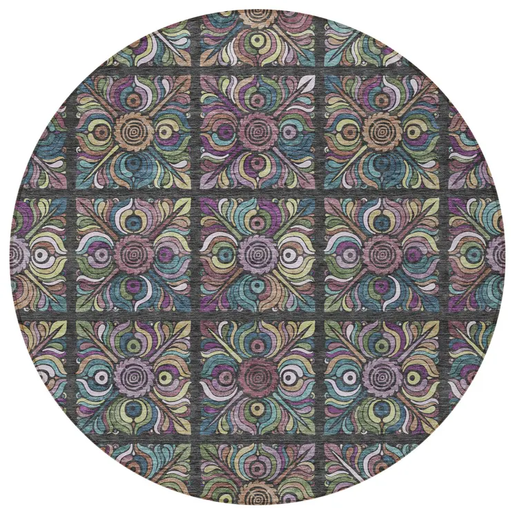 8' Black Purple And Teal Blue Round Medallion Washable Indoor Outdoor Area Rug