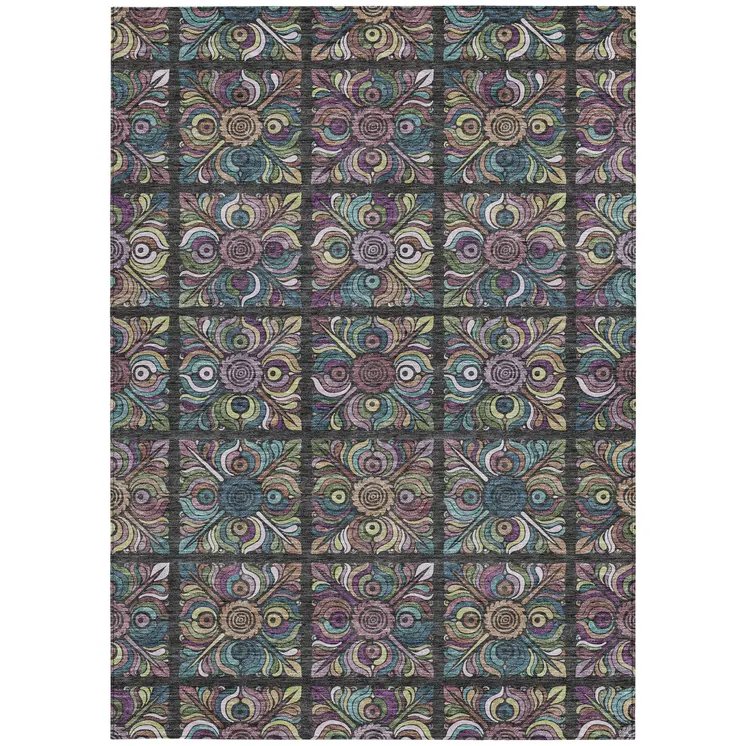 9' X 12' Black Purple And Teal Blue Medallion Washable Indoor Outdoor Area Rug