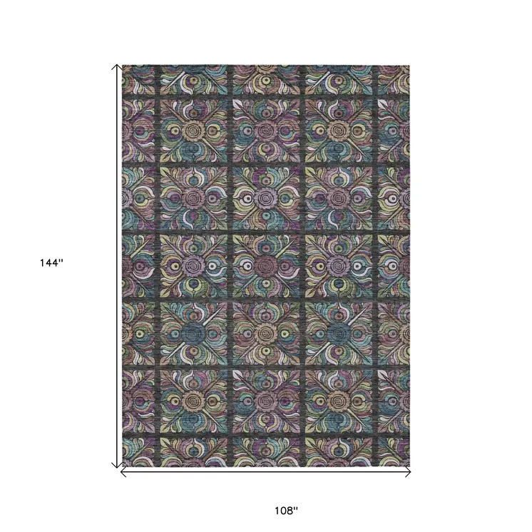 9' X 12' Black Purple And Teal Blue Medallion Washable Indoor Outdoor Area Rug