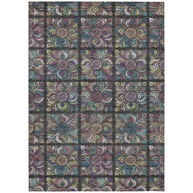 9' X 12' Black Purple And Teal Blue Medallion Washable Indoor Outdoor Area Rug