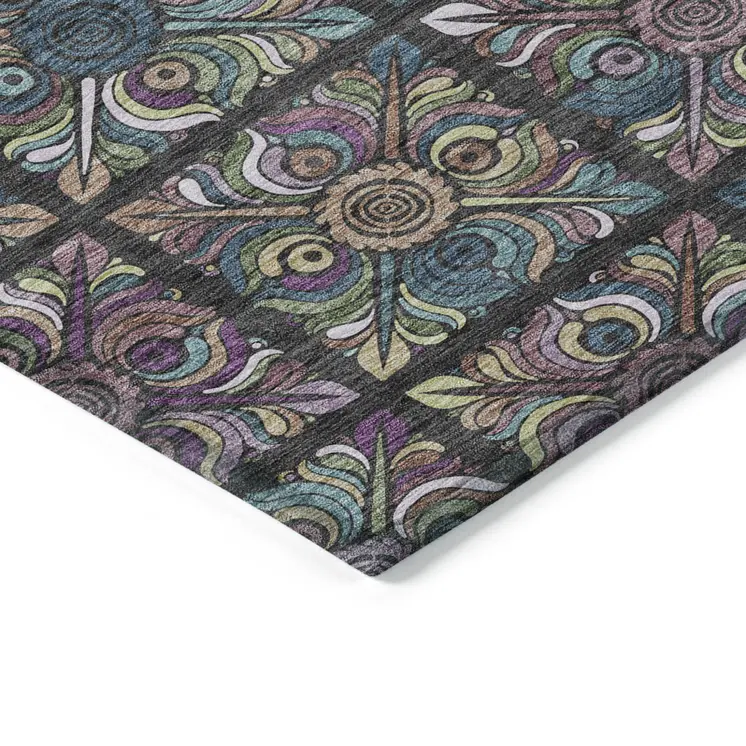 9' X 12' Black Purple And Teal Blue Medallion Washable Indoor Outdoor Area Rug