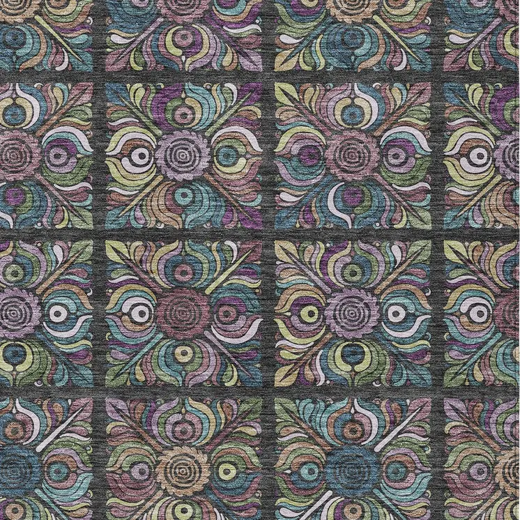 9' X 12' Black Purple And Teal Blue Medallion Washable Indoor Outdoor Area Rug