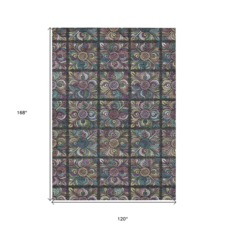 10' X 14' Black Purple And Teal Blue Medallion Washable Indoor Outdoor Area Rug
